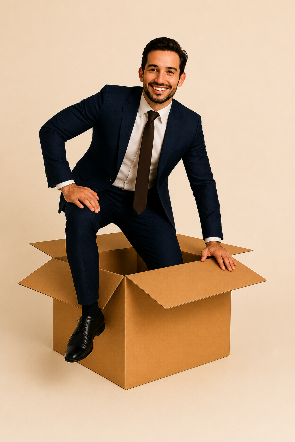 Business professional emerging from a box